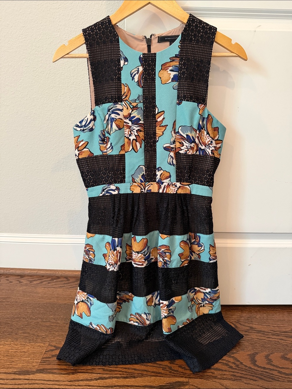 BCBGMaxAzria Aqua Floral and Black Panel Mini Dress